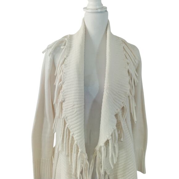 7TH AVENUE! VANILLA CREAM FRINGED, FINELY KNIT, POCKETED CARDIGAN SWEATER! SZ XS - Picture 3 of 12